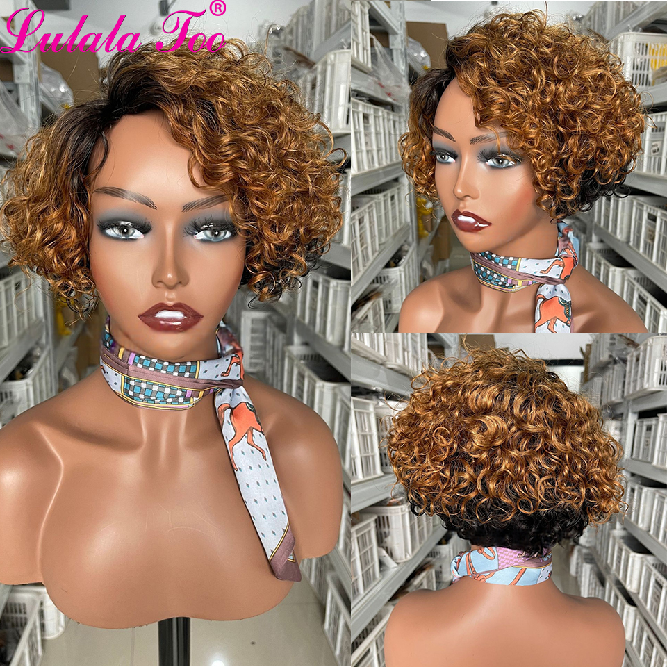 Color Gradient Women's Side Parted Short Curly Pixie Cut Bob,For Women Brazilian Remy Hair ,100% Human Hair Wig Full Machine Wig