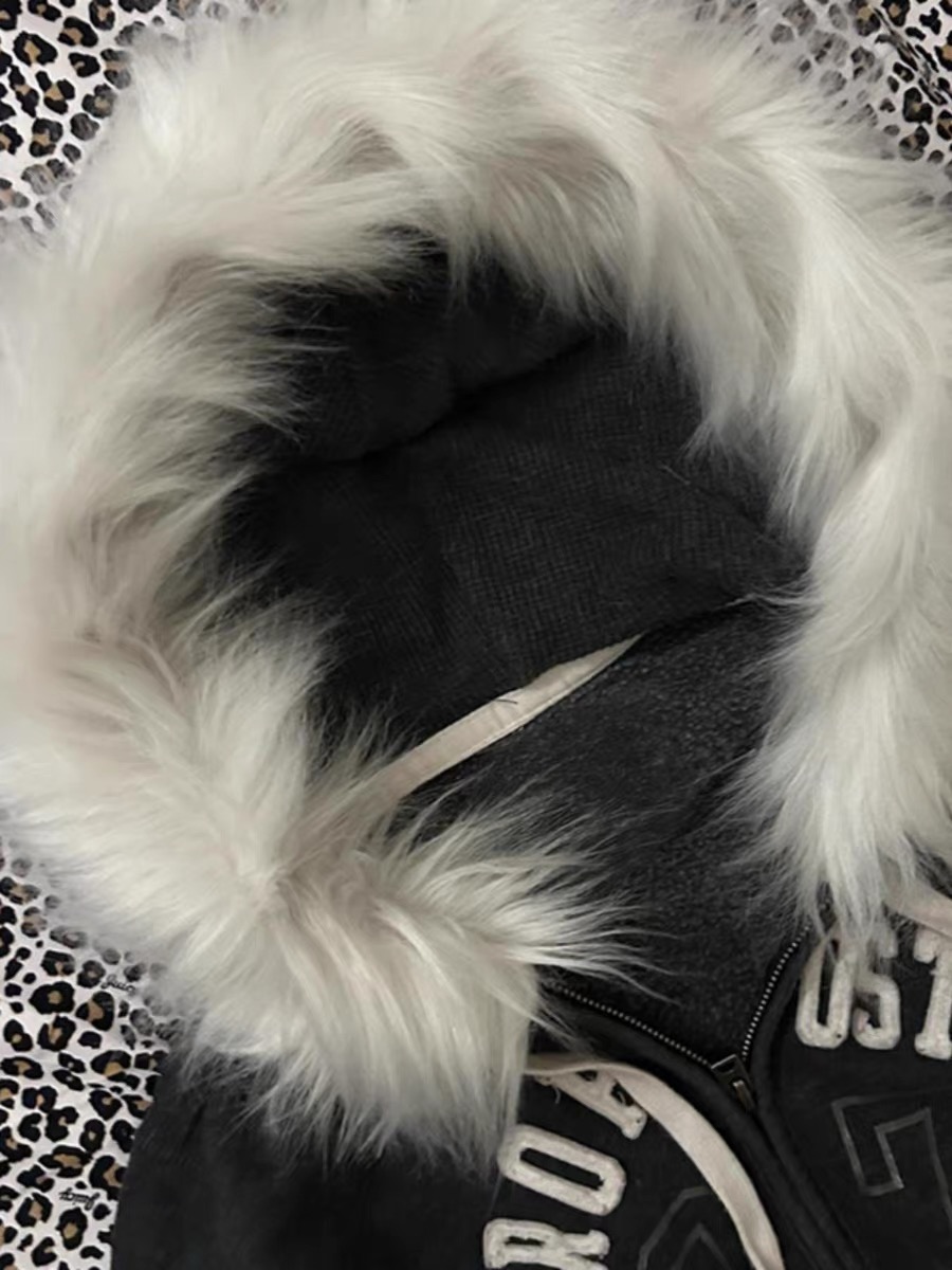 Solid Zip Up Letter Printed Fur Collar Hoodies Slim Fit Comfortable Simplicity Black Sweatshirts Warm Basic Version Tops
