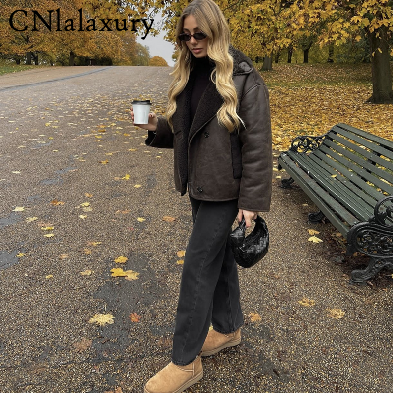 Clalaxury-女性用ラムウール厚手のジャケット、フェイクレザーアウター、ヴィンテージストリートウェア、シングルブレストポケット、暖かい、冬