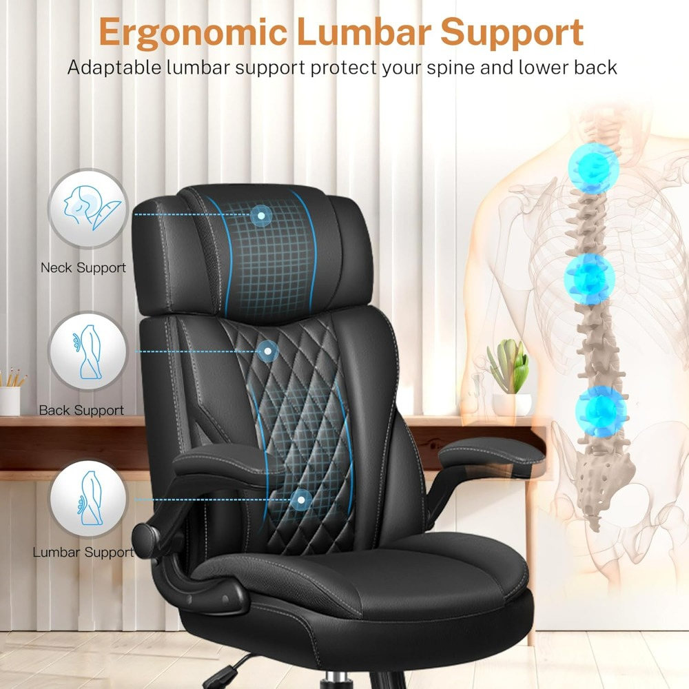 Office Chair Flip Up Arms, Executive Leather Office Chair Ergonomic Desk Chair with Lumbar Support, Adjustable Headrest, Compute