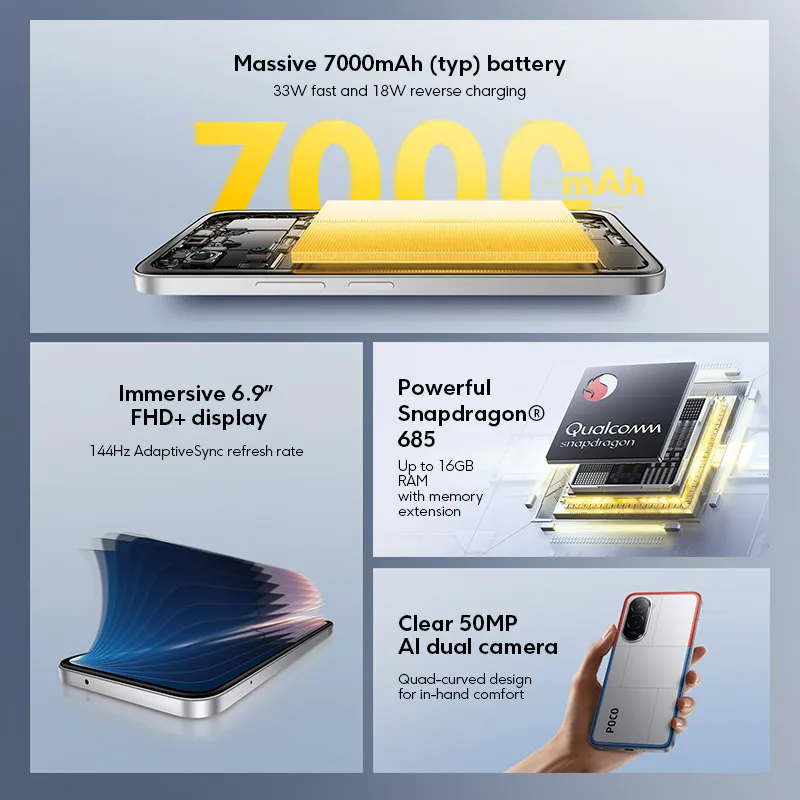 Смартфон POCO M7 Global Version Snapdragon 685 6,9 дюйма, 144 Гц, FHD + дисплей, аккумулятор 7000 мАч, NFC, 33 Вт, турбозарядка, IP64