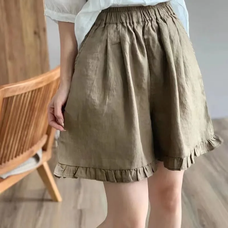 Babados shorts feminino M-4XL doce solto vintage estilo coreano verão casual temperamento faculdade simples all-match moda clássico