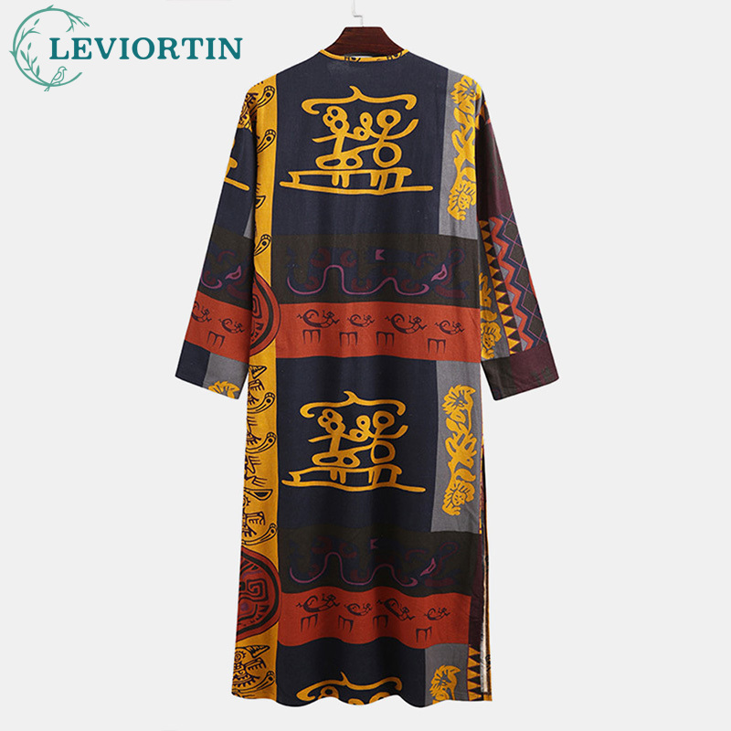 Caftán africano informal para hombre, Túnica musulmana con estampado étnico, manga larga, algodón con bolsillos, árabe islámico, Abaya de Dubái, 2023