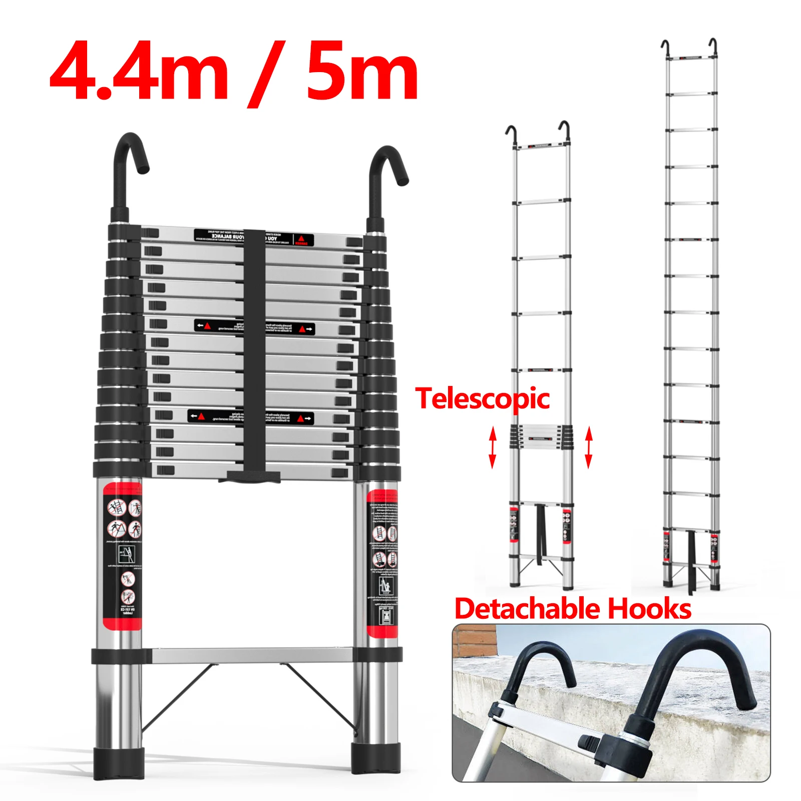 4.4m/5m Telescopic Ladder Stainless Steel Heavy Duty Extendable Loft Telescopic Ladder Adjustable Height with Detachable Hooks