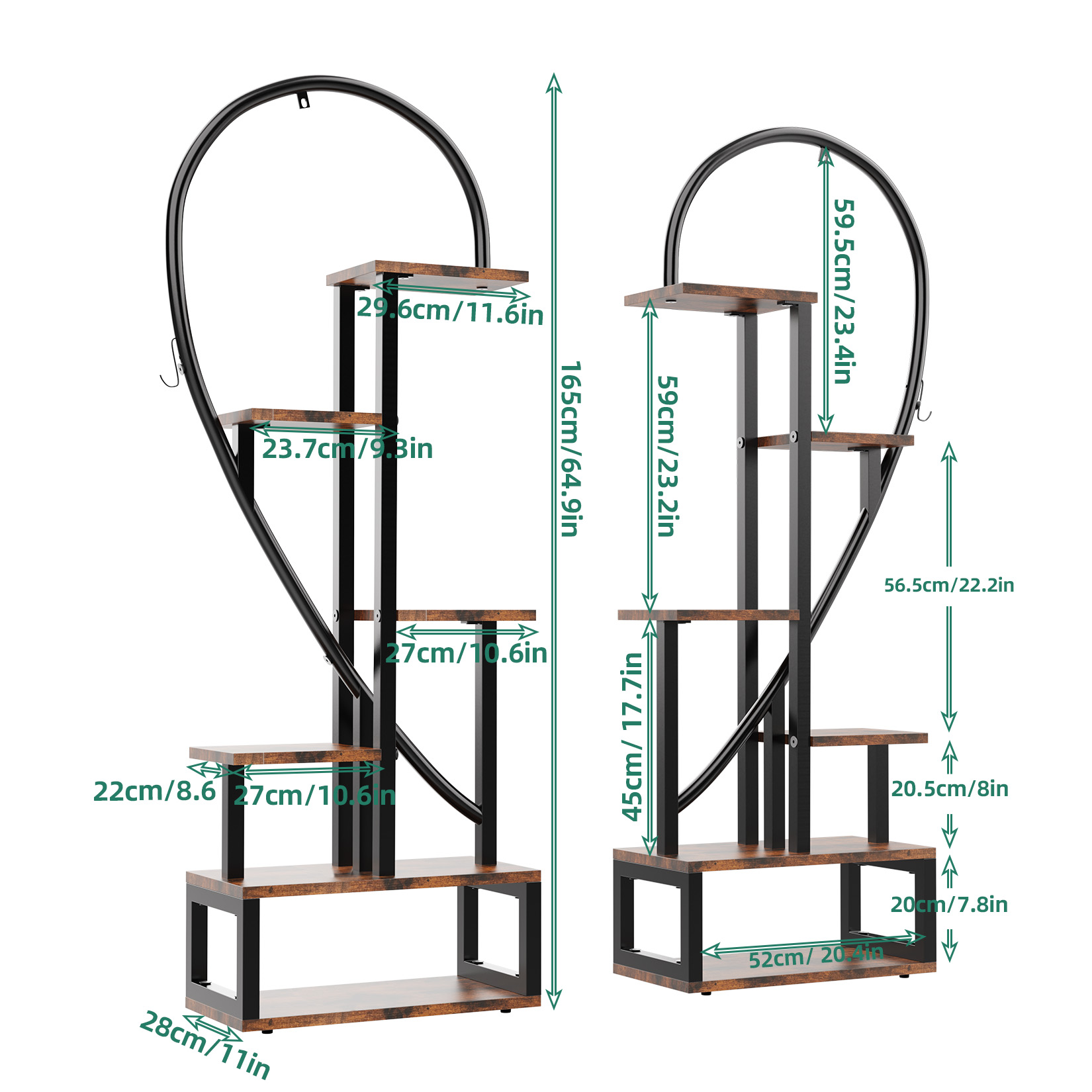 2 soportes para plantas en forma de medio corazón, estante para macetas, exhibición de flores con ganchos, estante para plantar escalera de jardín (excluyendo cadena de luces)