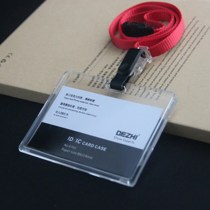 Portachiavi porta carte d'identità in acrilico trasparente Porta badge aziendale in plastica con supporto per clip per organizer con cordino Forniture per ufficio