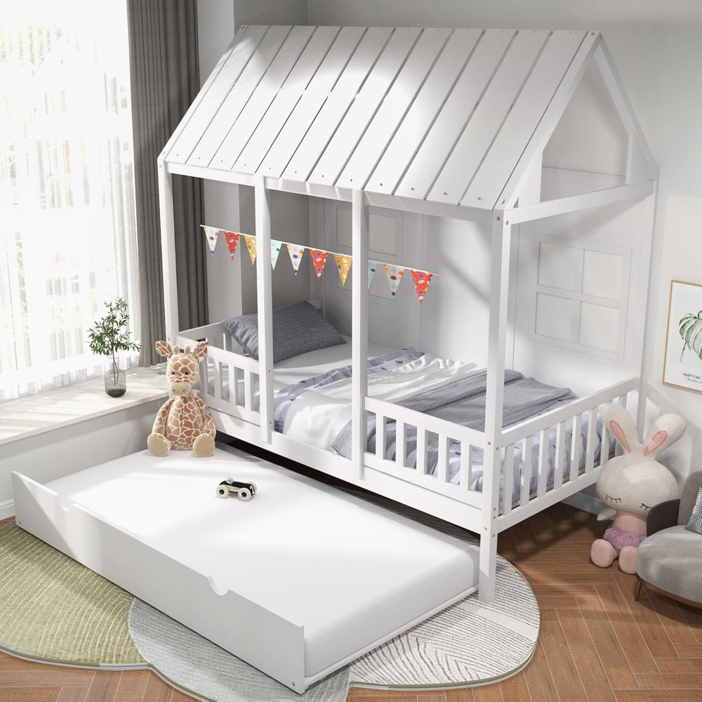 Twin Size House Bed with Trundle, Wood Kid’s House Bed Frame with Roof, Windows, Fence Rails, Beds Frame with Sturdy Beds Slats