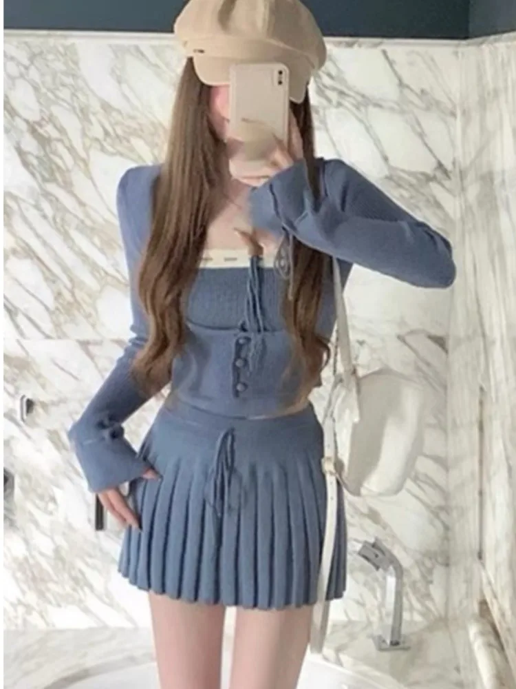 Y2k 甘い衣装女性ソリッドニットクロップドパッチワークベスト + スリムカーディガン + ミニプリーツスカート春韓国シックな 3 点セット