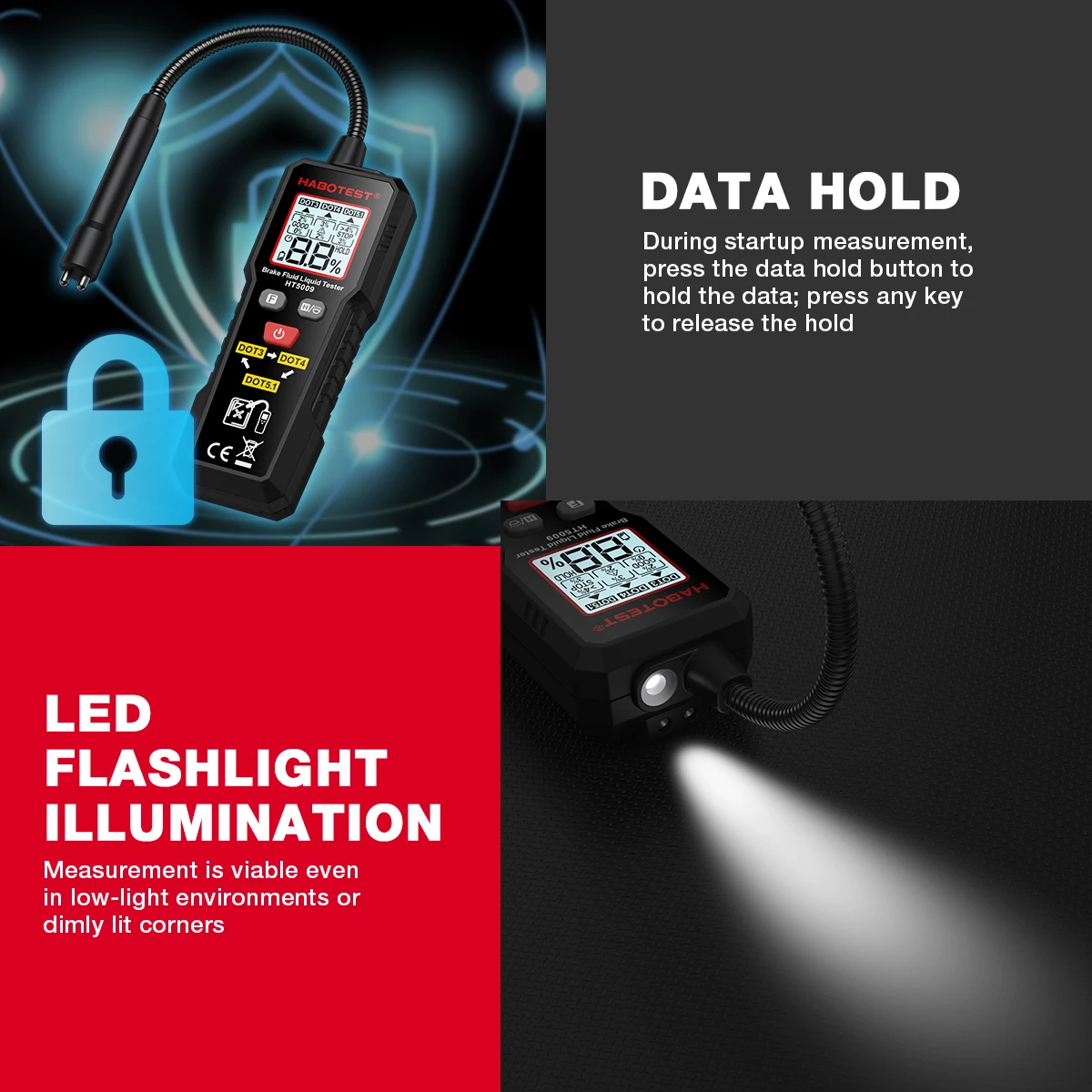 デジタルブレーキ液テスター自動車ブレーキオイル水分検出器 DOT3/DOT4/DOT5.1 バックライト付き柔軟なプローブブレーキオイルテスター