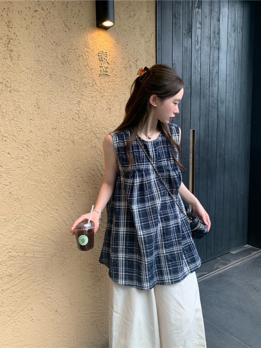 Csa Fena Xadrez Verão 2024 Solta Doce e Versátil Sem Mangas Estilo Francês Gola Redonda Csa Vestido Midi