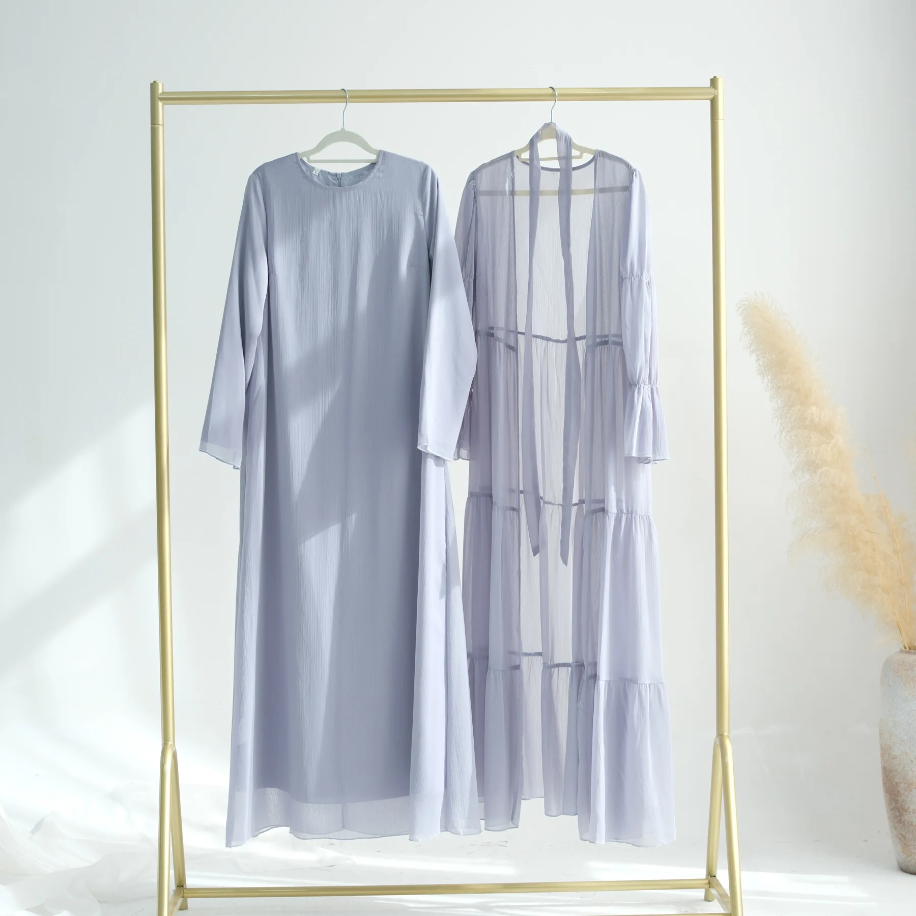 Muslim Set Solid Color Chiffon Long Sleeve Dress and Front Open Abaya Ramadan Abaya Islamic Clothing Women's Modest Dresses