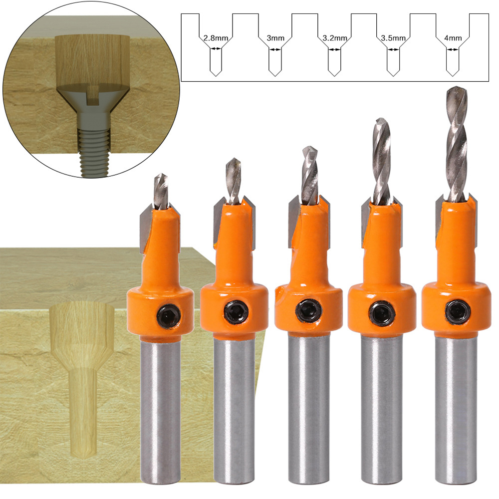 Een set houtbewerking verzinkboormachine Schroef op legering kop Stapboor Hout Zelftappende schroefgatboor Installatiegereedschap