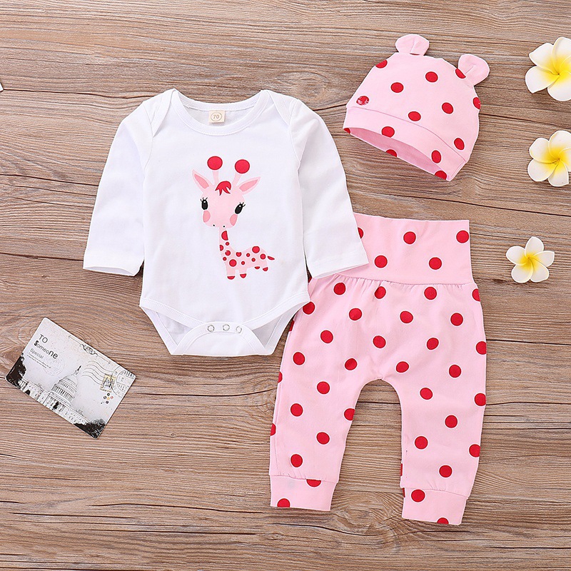 Vestiti per neonata in cotone primavera autunno 0-3 mesi Set di vestiti per neonati unisex a pois Set di vestiti per ragazzo in 3 pezzi con cappello