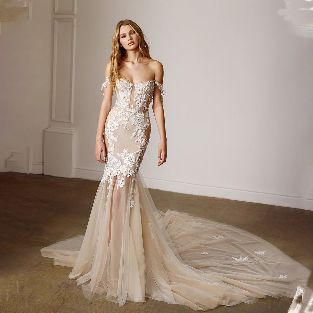 Hermoso fuera del hombro cariño apliques De encaje completo sirena vestidos De novia tren De barrido hecho a medida Rode De Morrie