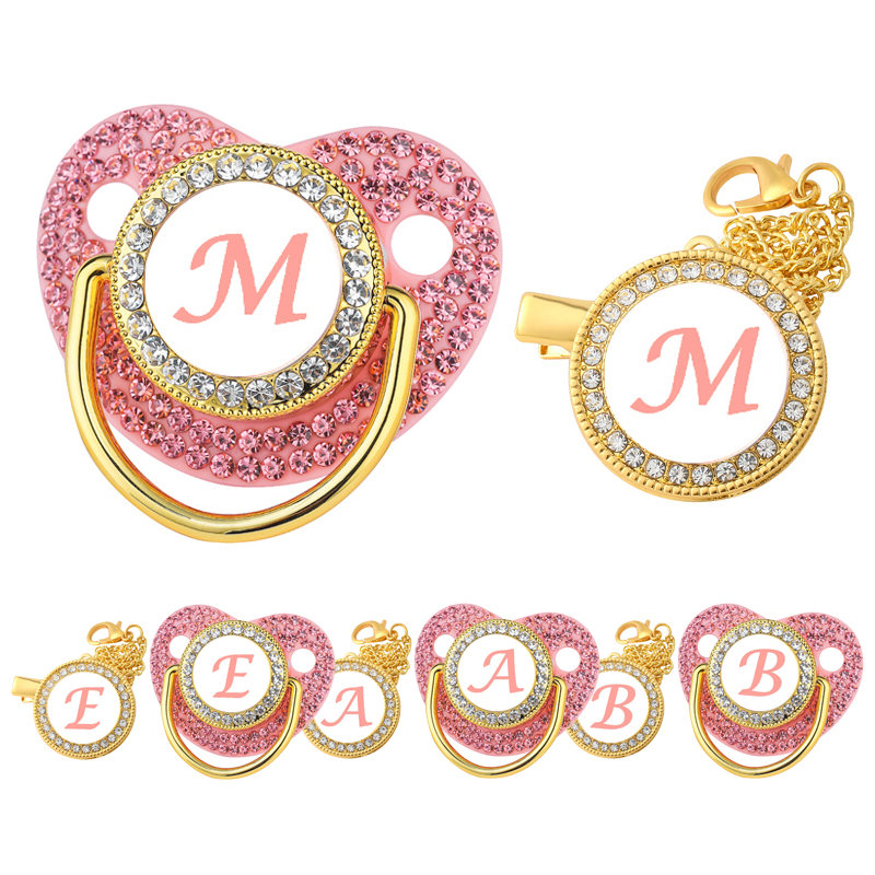 Novos chupetas recém-nascidos para bebês rosa strass personalizado chupeta clipe tampa conjunto 26 nome iniciais infantil mamilo mordedor presente