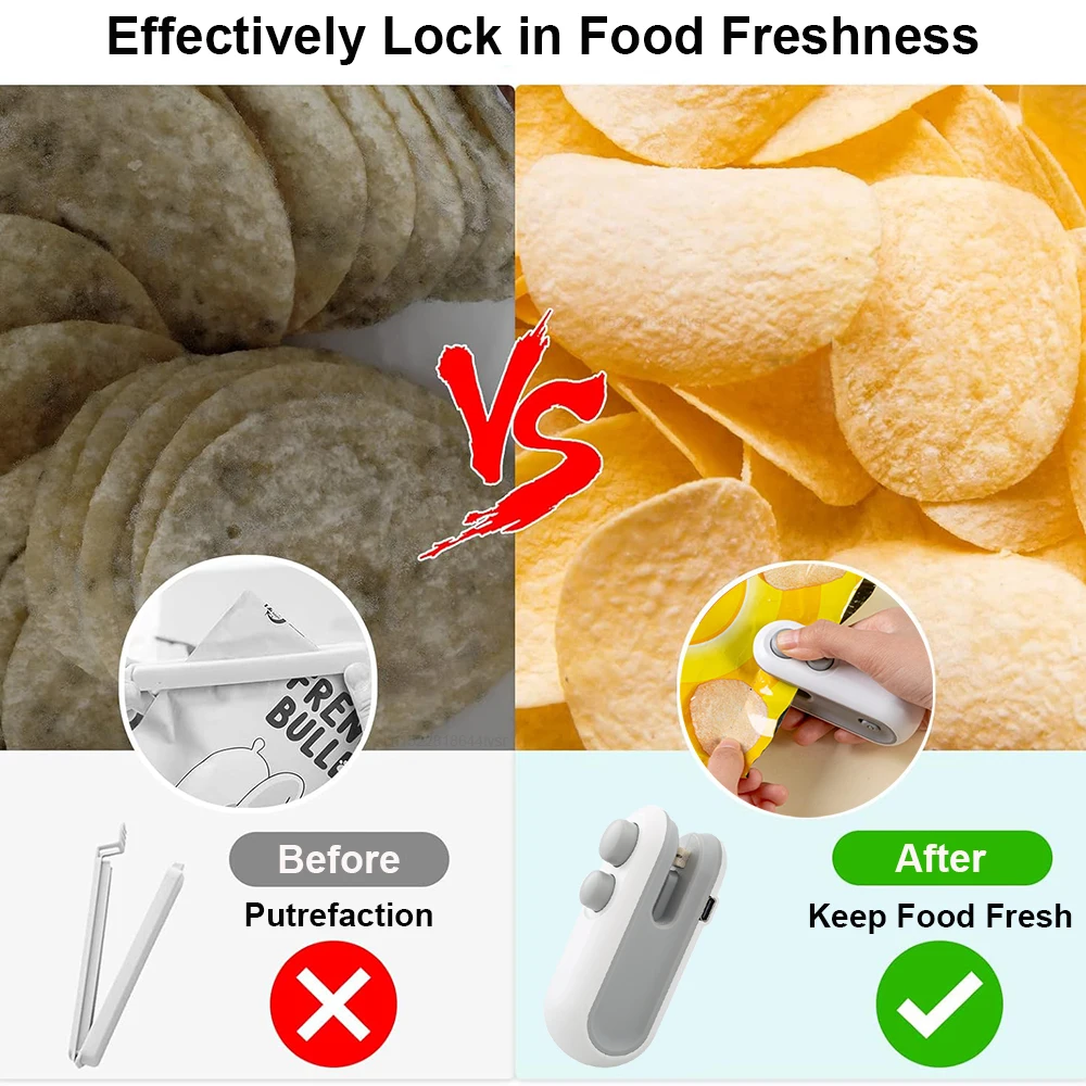 Mini sellador de bolsas portátil, sellador al vacío de calor recargable 2 en 1, sellador y cortador de bolsas de plástico, aperitivos, almacenamiento de alimentos
