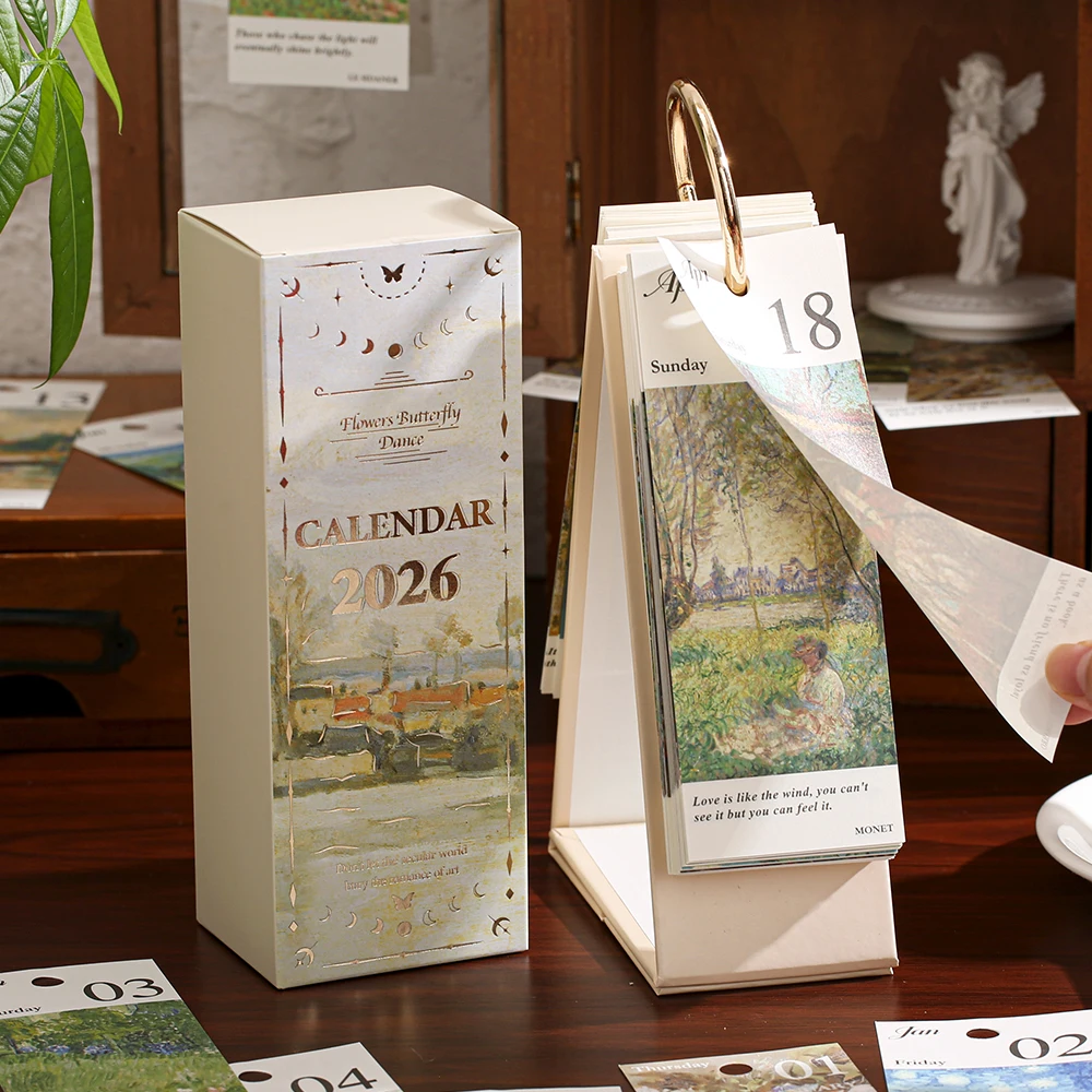 2026 calendário de mesa com anel de ouro encadernação 365 dias pintura a óleo vintage citações inspiradoras página unidirecional virar planejador diário