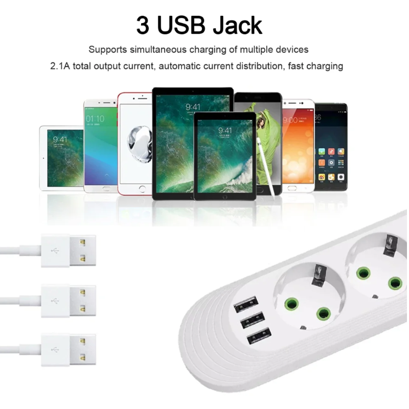 EUプラグ電源タップ,3つのUSBポート,延長コードソケット,ネットワークフィルター,AC出力,2500W,充電アダプター