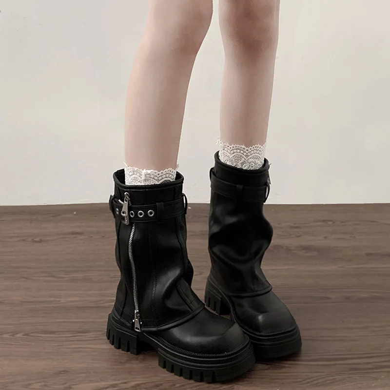 Botas de motociclista de invierno para mujer, botines planos de plataforma elegantes con hebilla de cinturón a la moda, botines de caballero informales para mujer