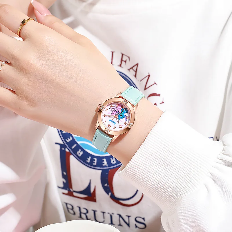 แฟชั่นการ์ตูนรูปแบบ Stitch นาฬิกาเด็กสายหนังนาฬิกาเด็ก Rhinestone Dial reloj stich ประณีตของขวัญ