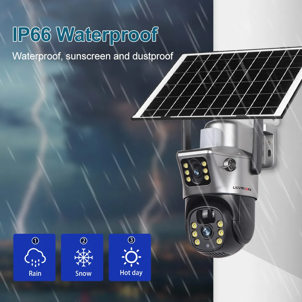 LS VISION 4K 8MP Dual หน้าจอพลังงานแสงอาทิตย์กล้องกลางแจ้งไร้สาย 4G/WiFi PTZ Dual เลนส์ป้องกันความปลอดภัยการติดตามอัตโนมัติกล้องวงจรปิดกล้อง