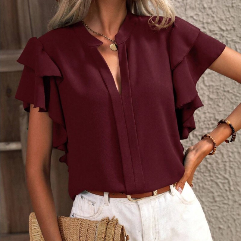 Jersey elegante de color rojo rosa para mujer, blusa informal con cuello en V y mangas con volantes de doble capa, Top de Color sólido 2024