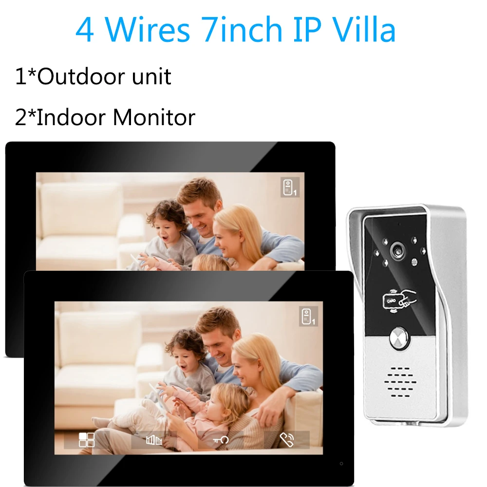 Kit de sistema de intercomunicação de vídeo 720p, campainha de vídeo com fio, painel de chamada à prova de chuva, câmera ir para casa, vila, construção, 4 fios