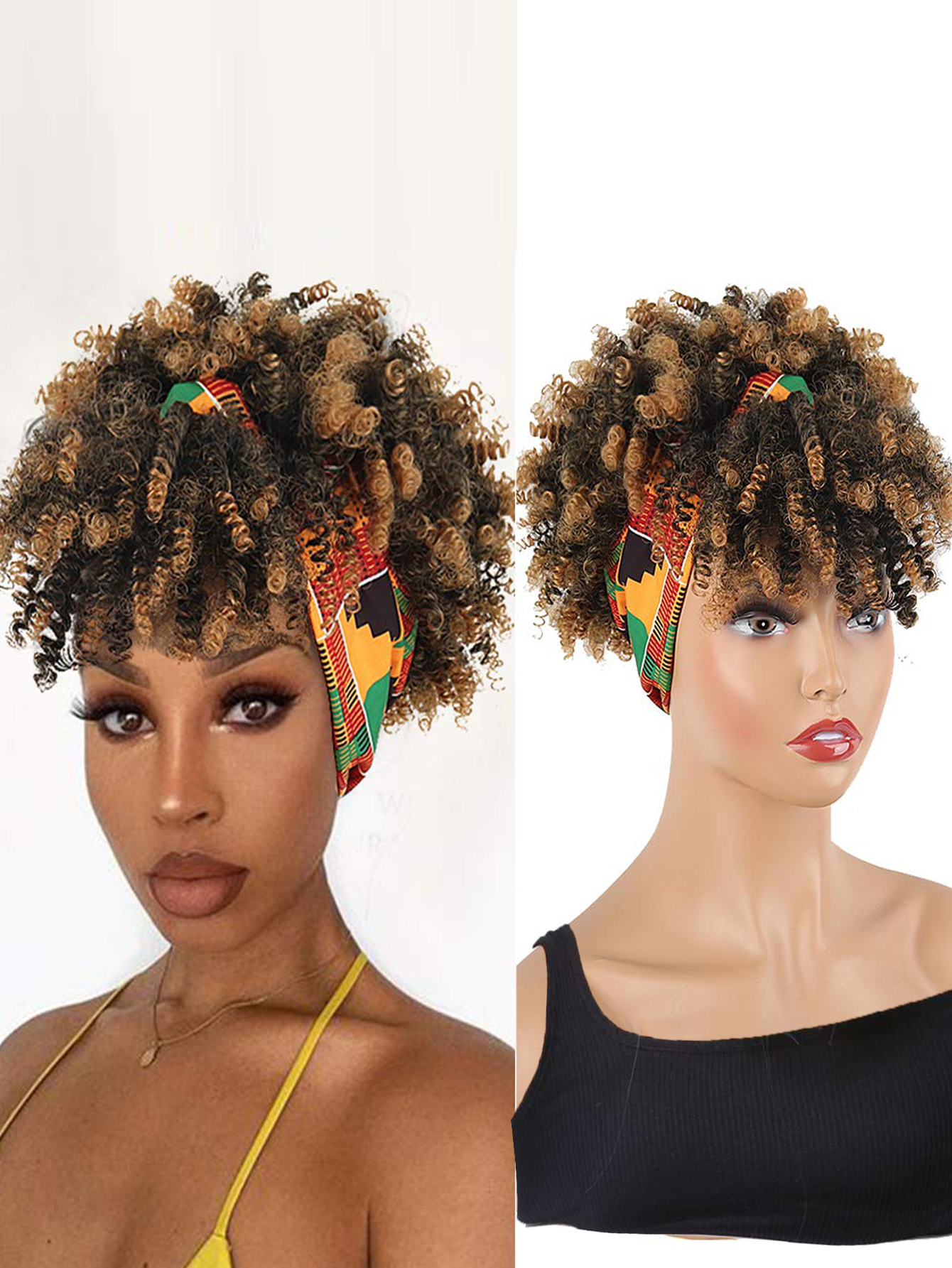 黒の女性のためのヘッドバンド付きカーリーウィッグ、フリンジ付きの短いafroスキンカーリーウィッグ、合成ラップウィッグ