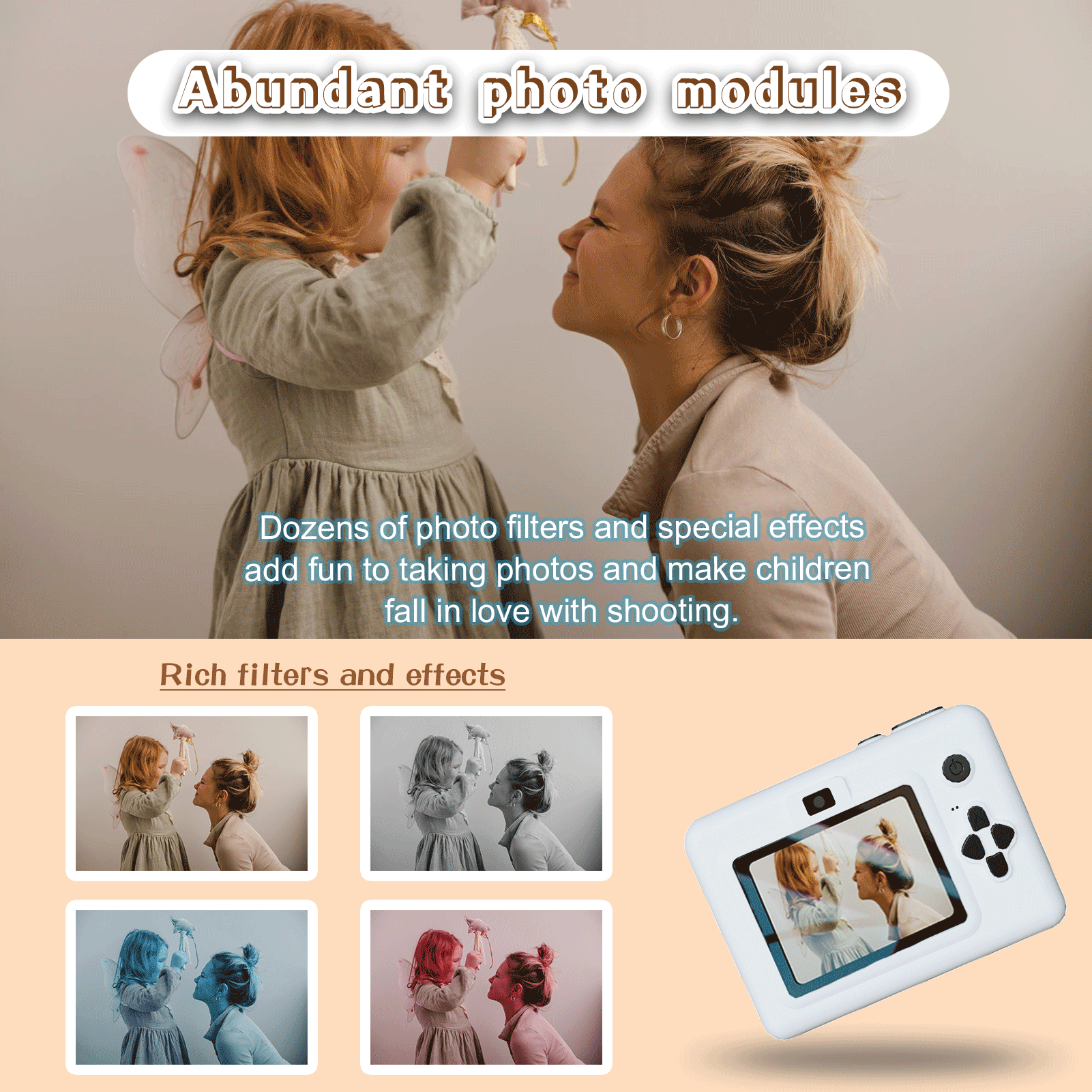 Câmera de vídeo digital de impressão instantânea, câmera de brinquedo para crianças, 3 rolos de papel de impressão térmica, 0 tinta, 2.