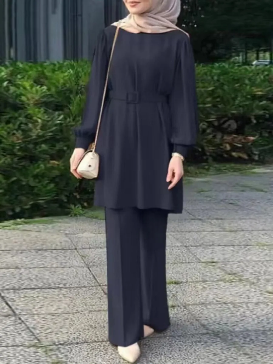 Conjunto de dos piezas musulmán Eid para mujer árabe, blusa con cordones y pantalón, conjunto musulman con cinturón, conjuntos a juego, camisa con botones, Abaya, Ramadán