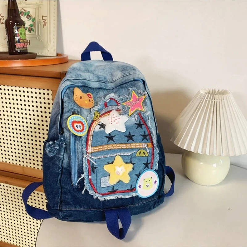 MBTI Vintage Hallo Kitty Frauen Rucksack Denim Patchwork Nette Y2k Mode Universität Rucksack Harajuku Cartoon Weibliche Neue Tasche