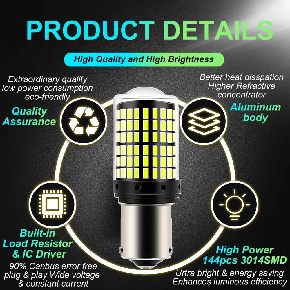 1pc 12V-24V Signal lumineux 1156 BA15S P21W 1157 BAY15D P21/5W T20 7443 W21/5W 7440 W21W 144LED ampoule frein de voiture lampe automatique clignotant