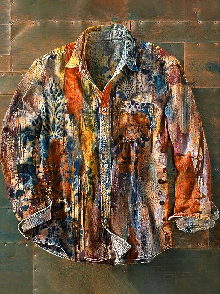 2025 primavera y verano nueva camisa de lino de manga larga para hombres pintura al óleo Retro estampado personalidad literaria patrón ropa Casual