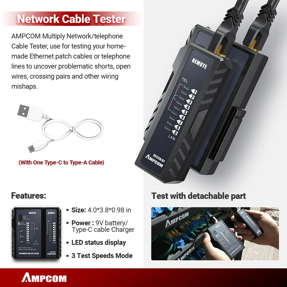 AMPCOM RJ45 Crimper Lan เครื่องทดสอบชุดเครื่องมือ Ethernet Cable Stripper Punch Down เครื่องมือ rj 45 rj11 ตัวเชื่อมต่อ 12 ใน 1 สายชุดซ่อม