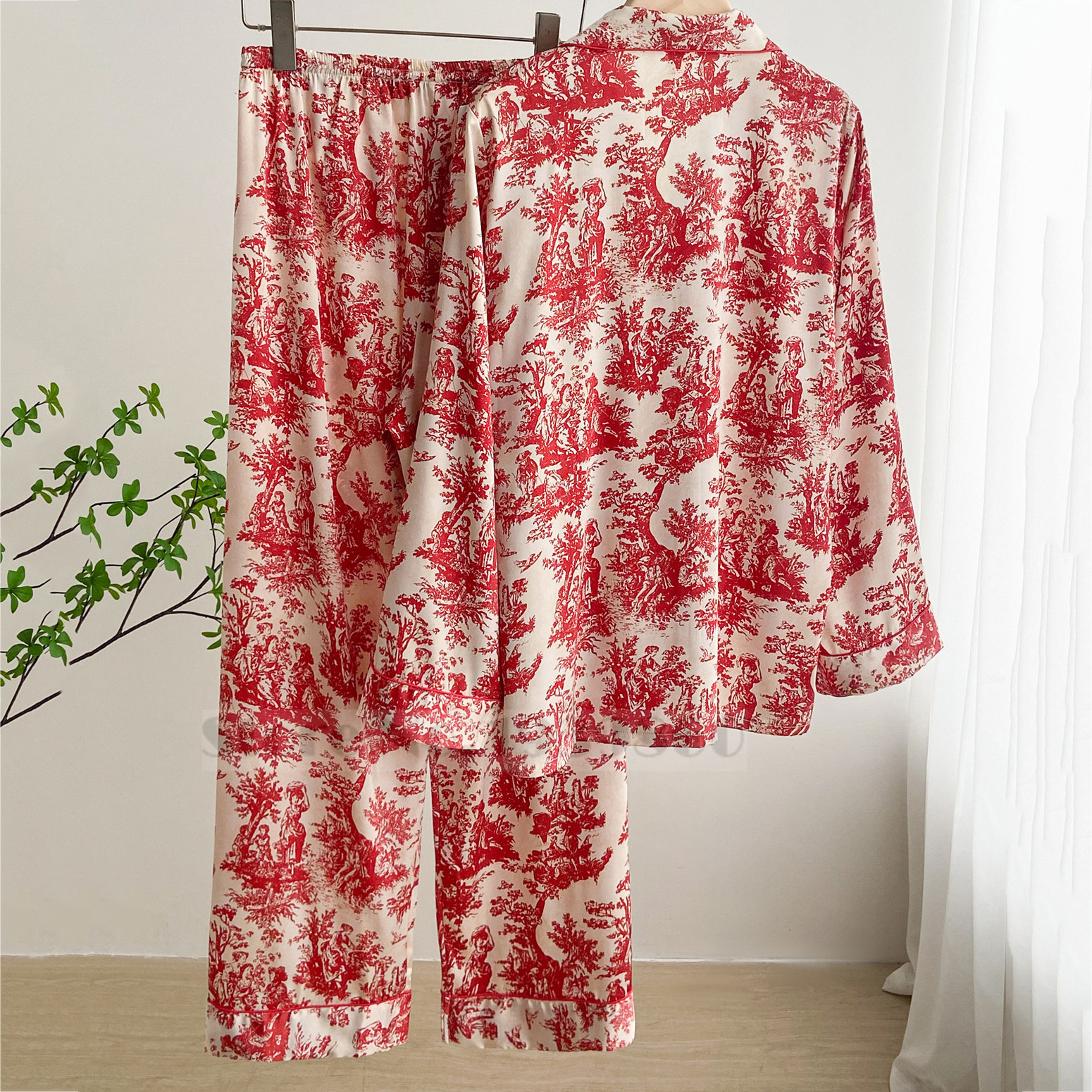 Conjunto de Pijamas con estampado de flores para mujer, ropa de dormir de 2 uds., trajes de pantalón para primavera y verano, ropa de salón, ropa de casa holgada de satén, traje de Pijamas