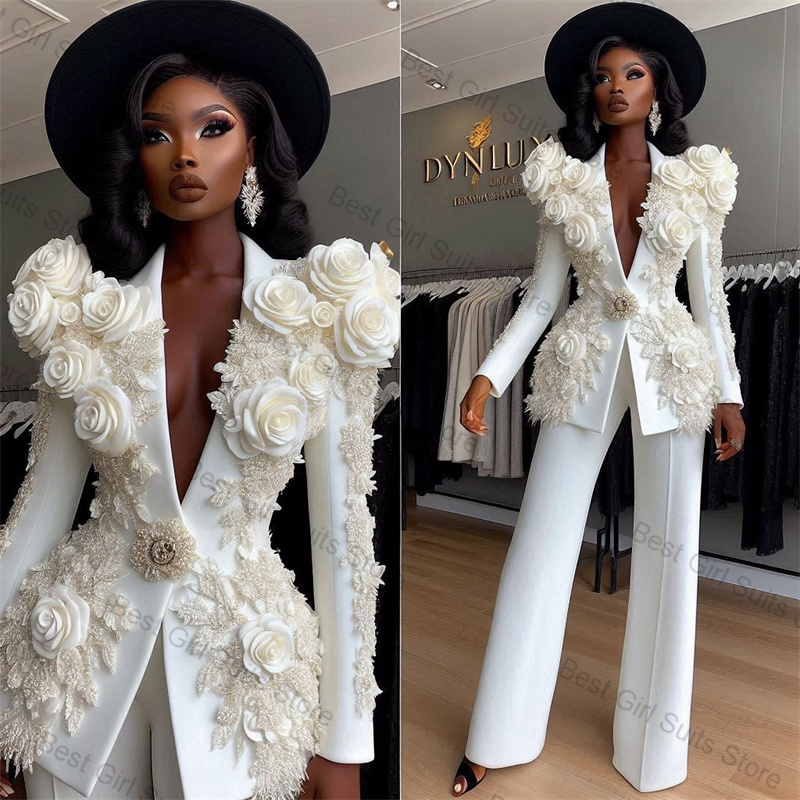 Branco de luxo feminino terno conjunto 2 pçs blazer + calças 3d flor frisado formal jaqueta escritório personalizado casamento baile casaco