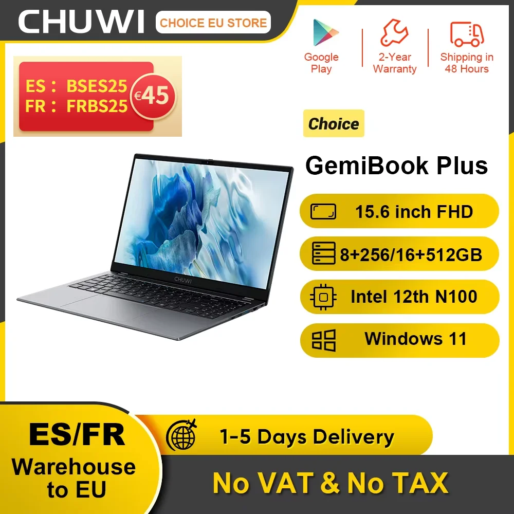 CHUWI GemiBook Plus Laptop Intel N150 15,6 inch 1920*1080 FHD-scherm 16GB LPDDR5 512GB SSD Windows 11 WIFI 6 M.2 Tot 1T