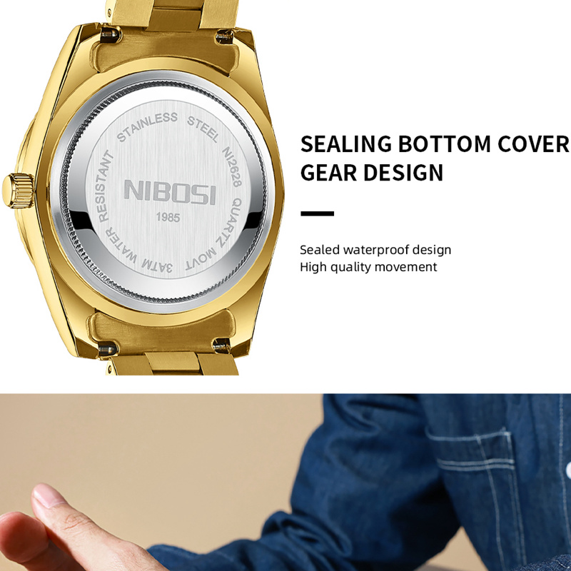 Marca NIBOSI, Reloj de cuarzo rojo dorado de lujo para Hombre, acero inoxidable, resistente al agua, luminoso, fecha, semana, relojes de moda para Hombre, Reloj para Hombre