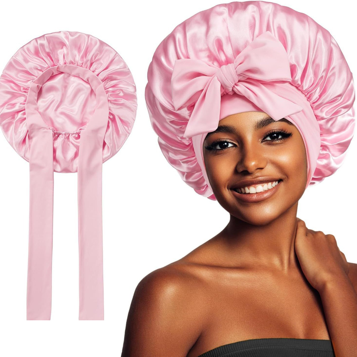Gorro de satén para mujer, gorro para dormir liso, banda elástica para atar, gorro de ducha de noche, gorro ajustable para la cabeza del pelo para mujer