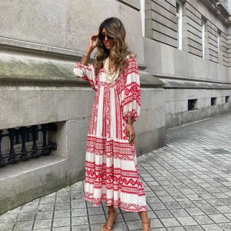 5XL พัฟแขน Boho Maxi ฤดูร้อนผู้หญิงหลวมสบายๆสไตล์วันหยุด Vestidos Drawstring V คอชุดชายหาดยาว