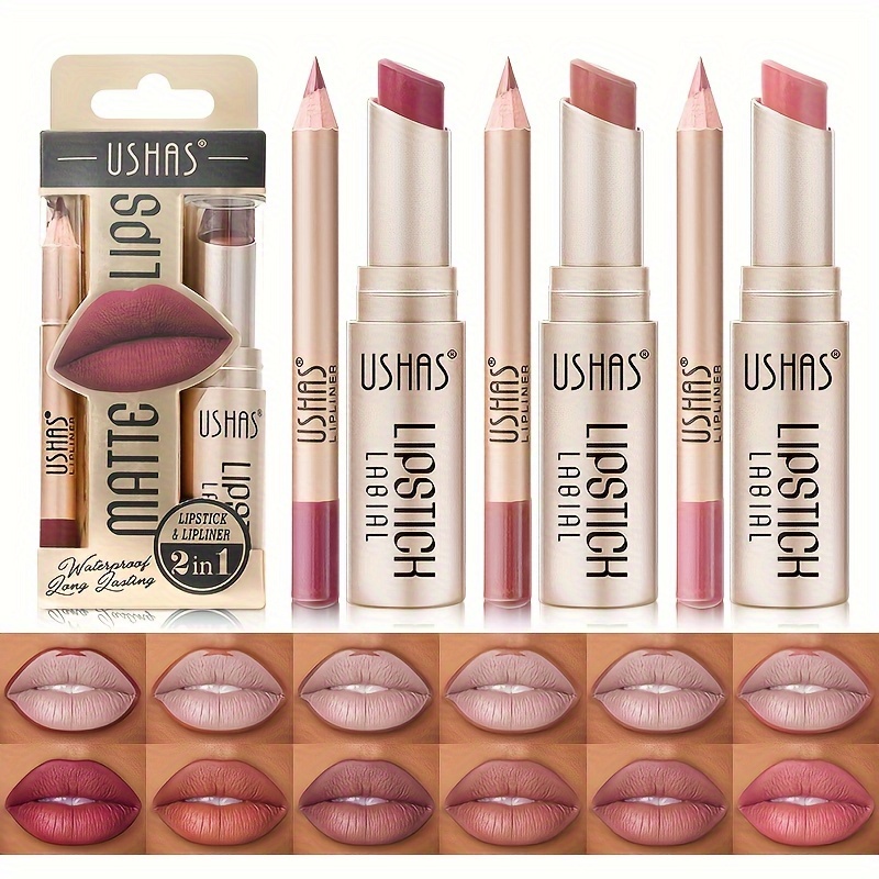 USHAS-Conjunto de batom fosco, duradouro, impermeável, delineador labial, fácil coloração, copo antiaderente, terno de maquiagem labial, 12 cores
