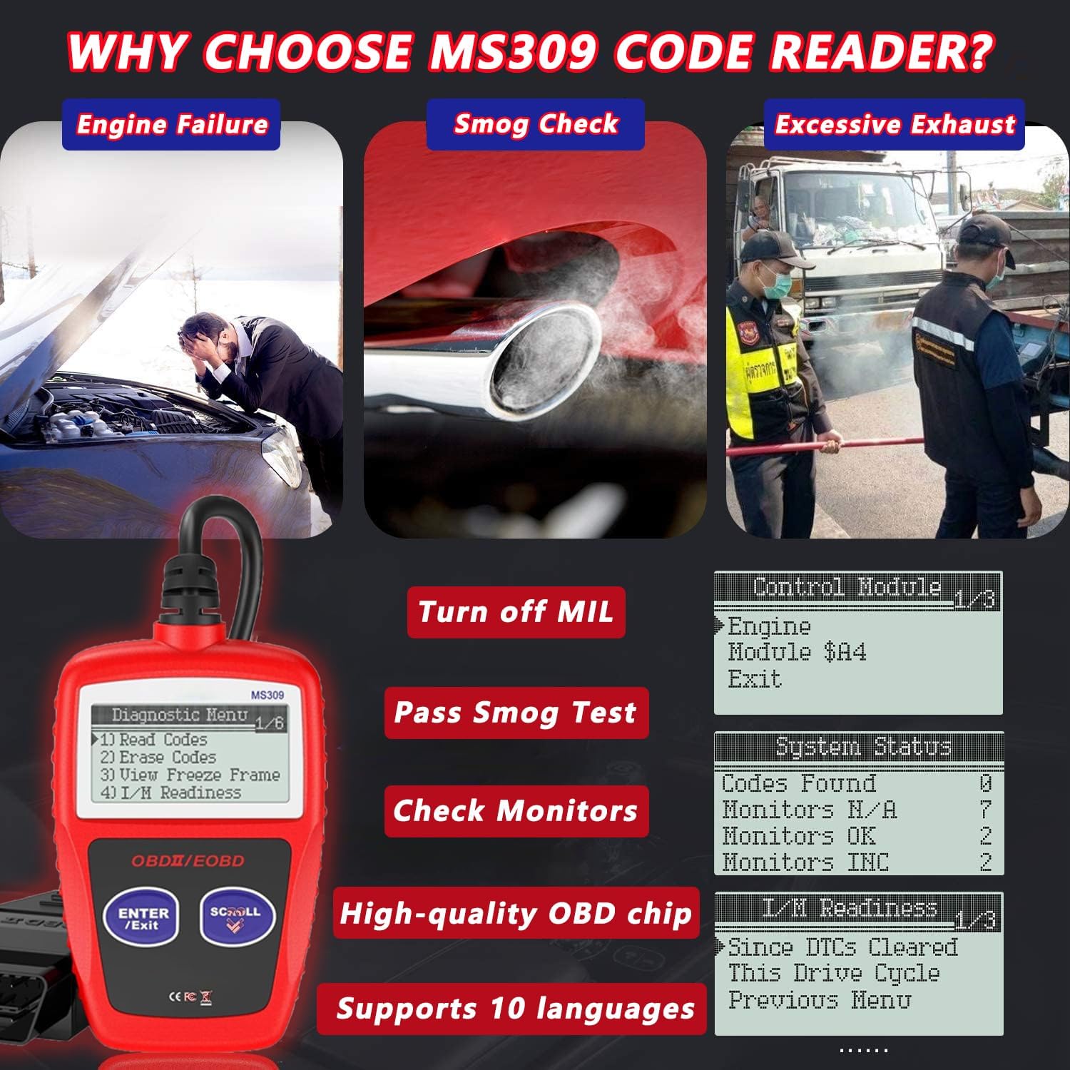 MS309 Leitor de código de problemas automotivos multilíngueCheck status de detecção de luz e emissões do motorOBD2 PODE ferramenta de diagnóstico