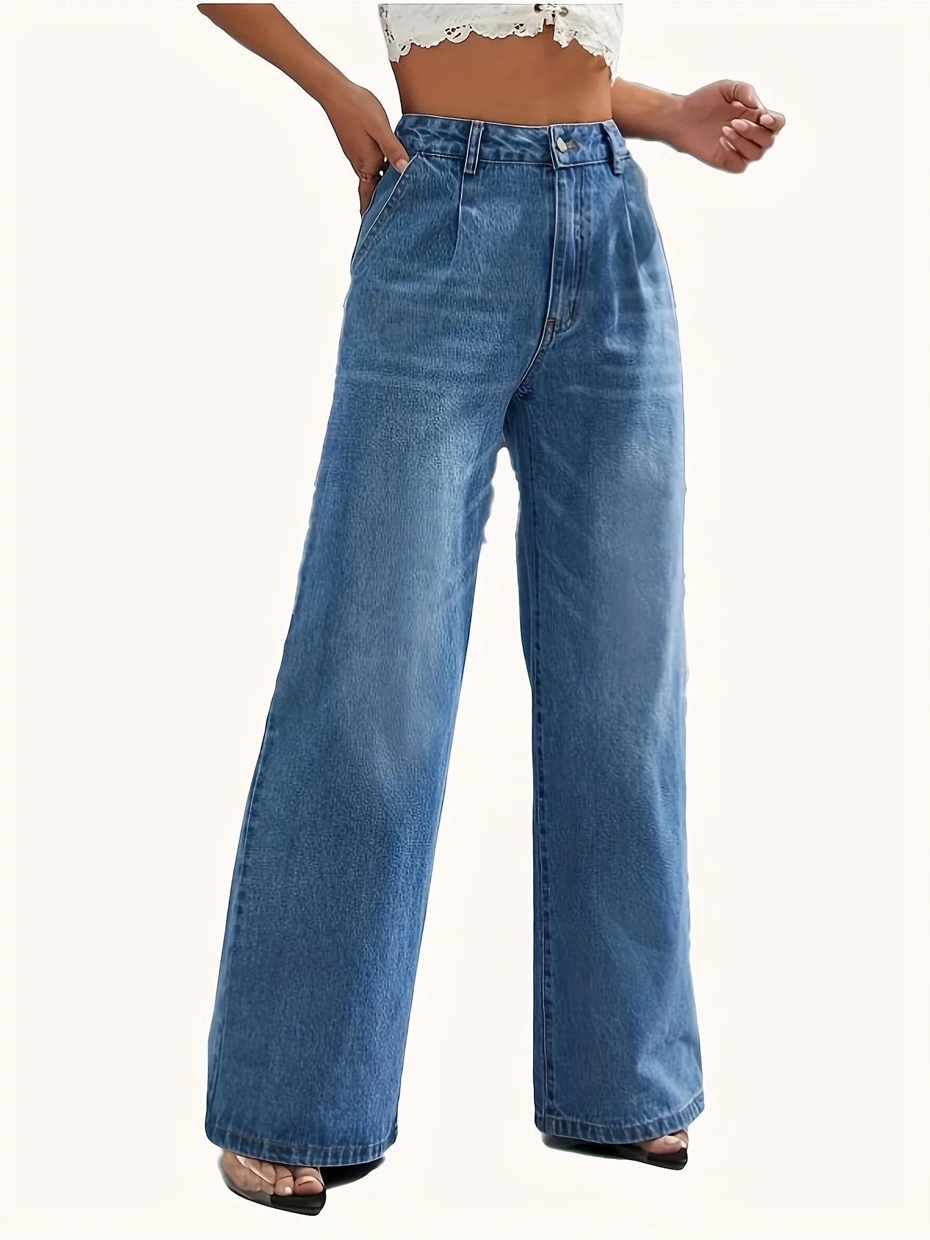 Novo estilo europeu e americano transfronteiriço feminino cor sólida jeans feminino em linha reta calças de perna larga casual all-match