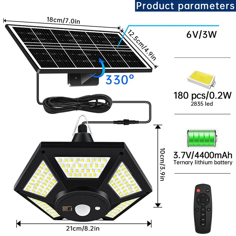 Pingente solar para garagem de celeiro Gazebo, Lâmpada solar com controle remoto, Shed interior e exterior, 180 LED, 1000LM