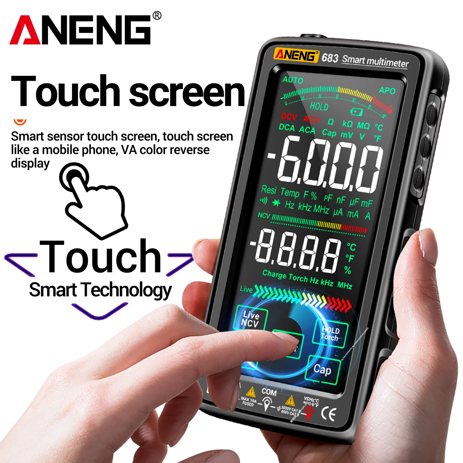 ANENG 683 6000 นับสมาร์ทหน้าจอมัลติมิเตอร์แบบชาร์จไฟได้แอมป์มิเตอร์ AC/DC เครื่องทดสอบแรงดันไฟฟ้า NCV ไดโอดเครื่องมือช่างไฟฟ้า
