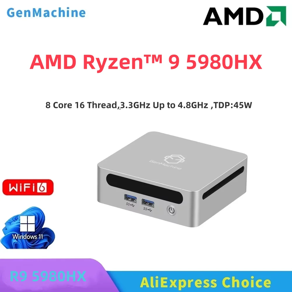 GenMachine Mini PC 5980HX Windows 11 Ryzen DDR4 Макс. 64 ГБ, 3,3 ГГц, до 4,8 ГГц, WIFI6, мини-игровой компьютер «сделай сам», ПК для геймеров, игр