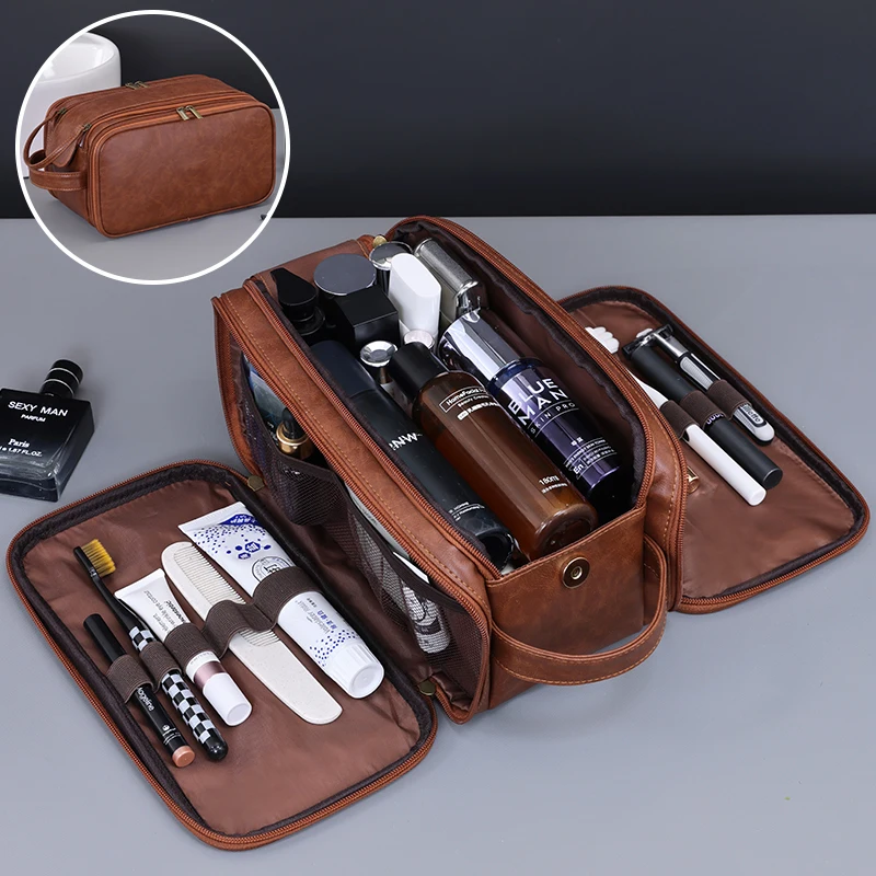 Neceser de PU con múltiples bolsillos para mujer y hombre, bolsa de maquillaje esencial de viaje, bolsa colgante impermeable, bolsa organizadora de lavado de cosméticos
