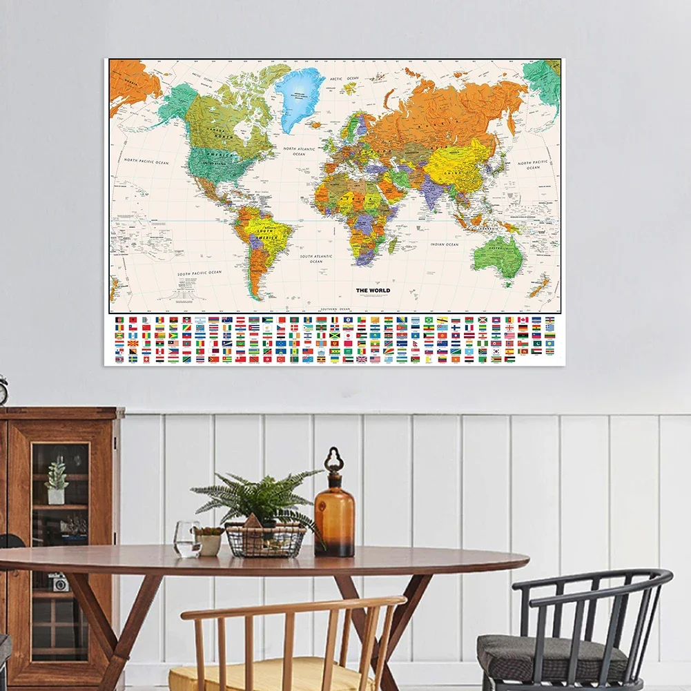Mapa físico del mundo de 150x100cm con bandera para educación y cultura, pintura de mapa del mundo en aerosol no tejido, decoración del hogar