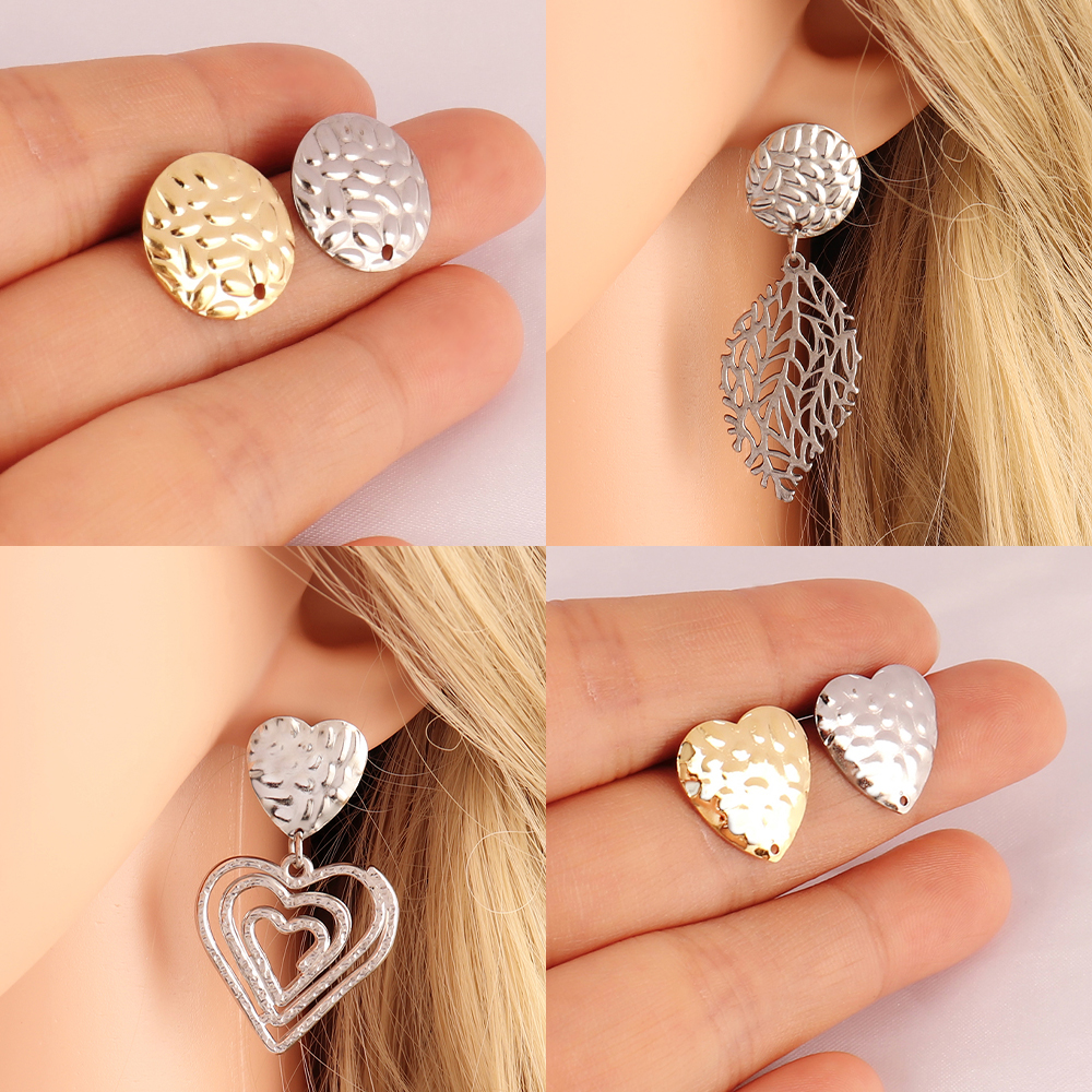 20pcs Stainless Steel Geometric Heart Round Stud Earring Base With Earring Plug Connector DIY Earring For Jewelry Making Finding