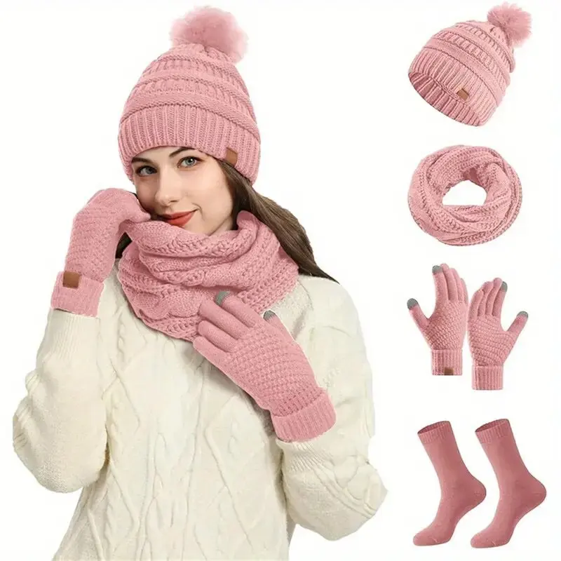4 unids/set de gorro de invierno para mujer, bufanda, guantes, bola de piel sintética, gorro tejido para adolescentes y niñas, traje más cálido con orejas cálidas, conjunto de gorro para mujer